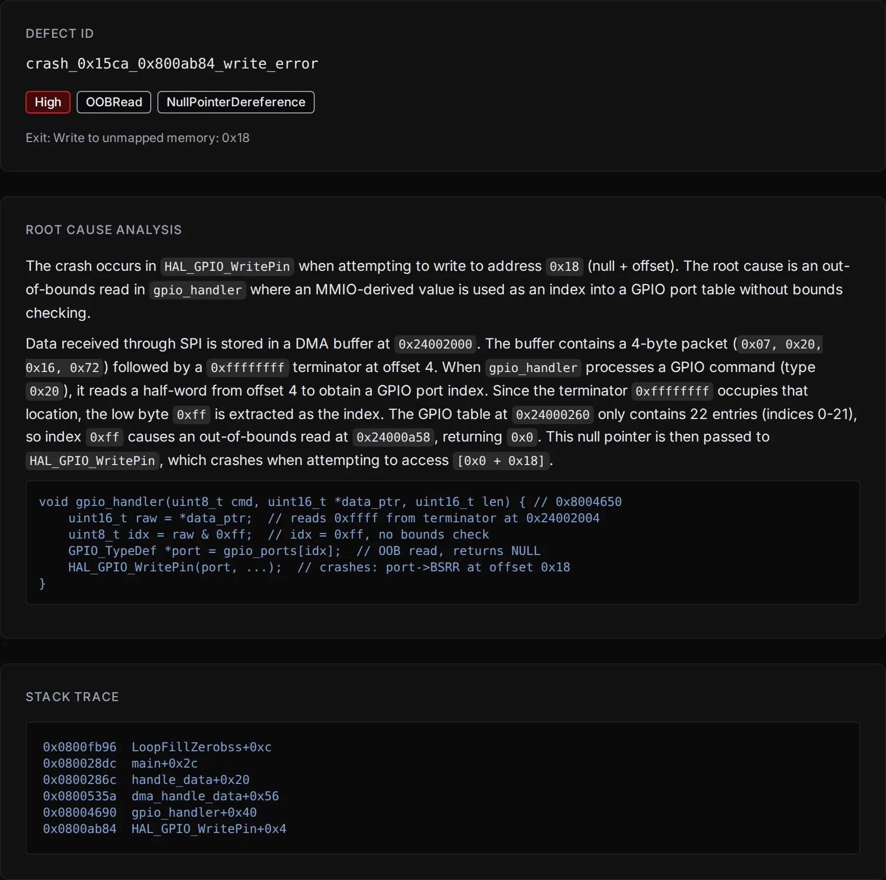 Defect detail view showing classification, root cause analysis, and stack trace