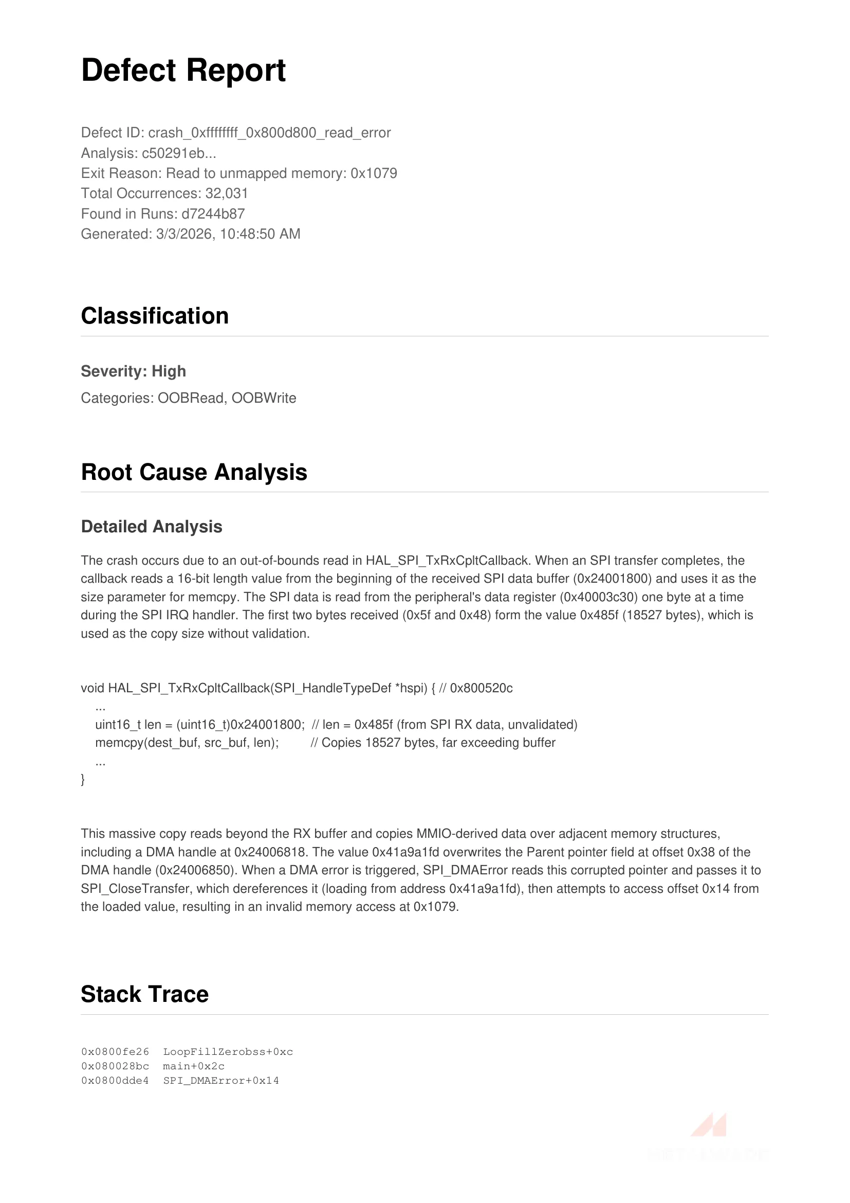 Defect report example