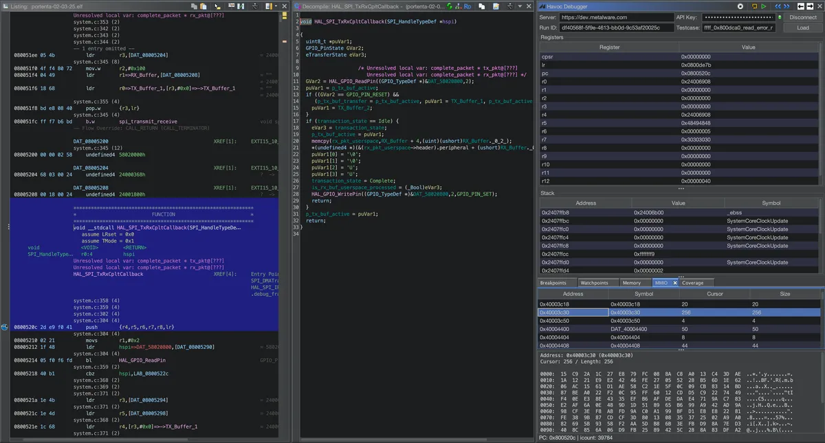 Ghidra plugin showing time-travel debugging with coverage overlays on the HAL_SPI_TxRxCpltCallback function